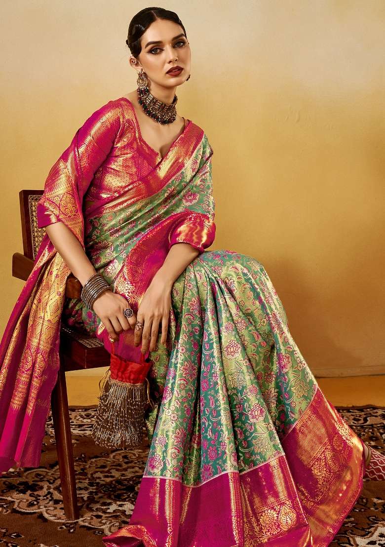 Turquoise Printed Silk Blend Saree Set - Indya