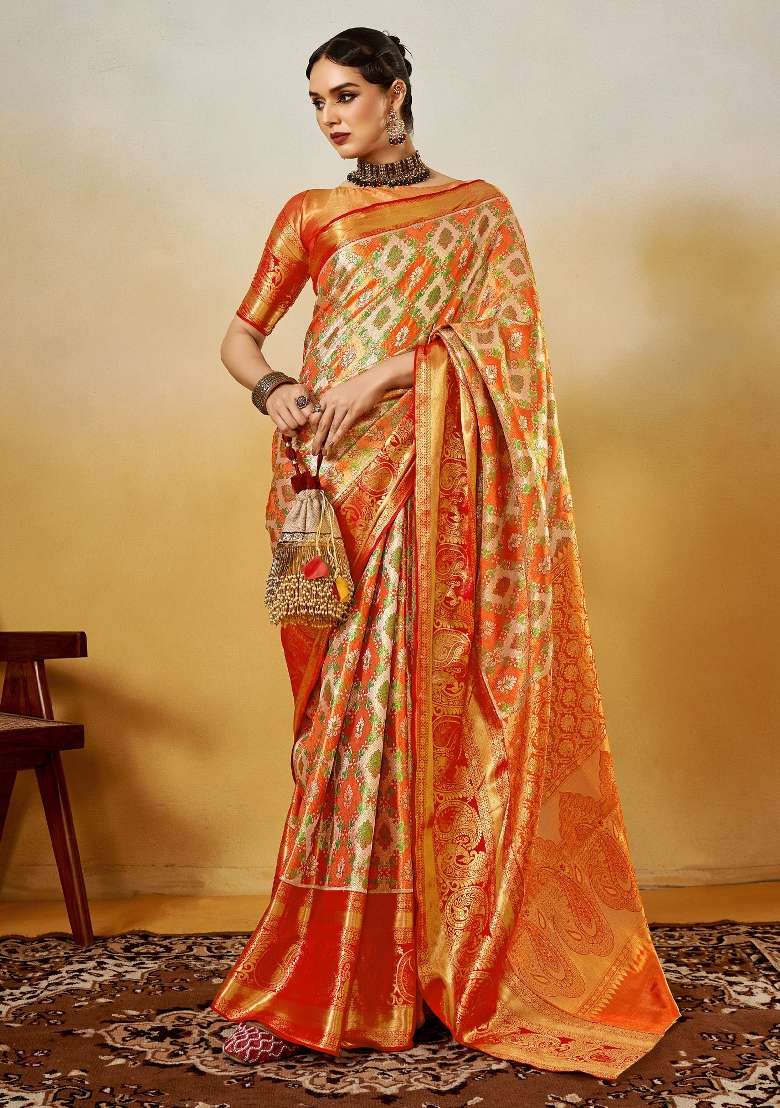 Orange Printed Silk Blend Saree Set for Diwali and Festive Wear - Indya