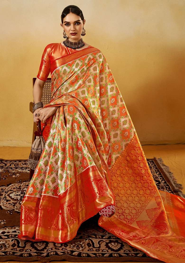 Orange Printed Silk Blend Saree Set for Diwali and Festive Wear - Indya