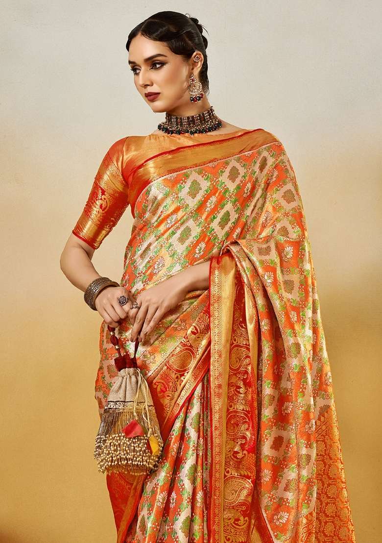 Orange Printed Silk Blend Saree Set for Diwali and Festive Wear - Indya