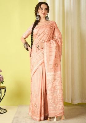 Peach Printed Silk Blend Saree Set