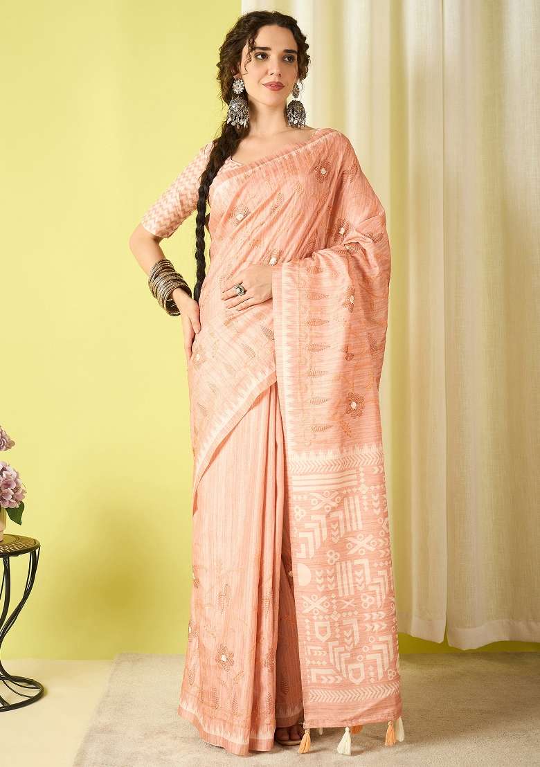 Peach Printed Silk Blend Saree Set - Indya