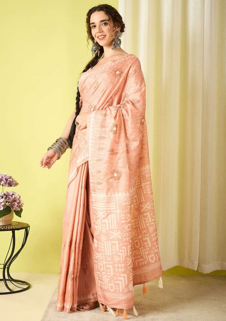Peach Printed Silk Blend Saree Set - Indya