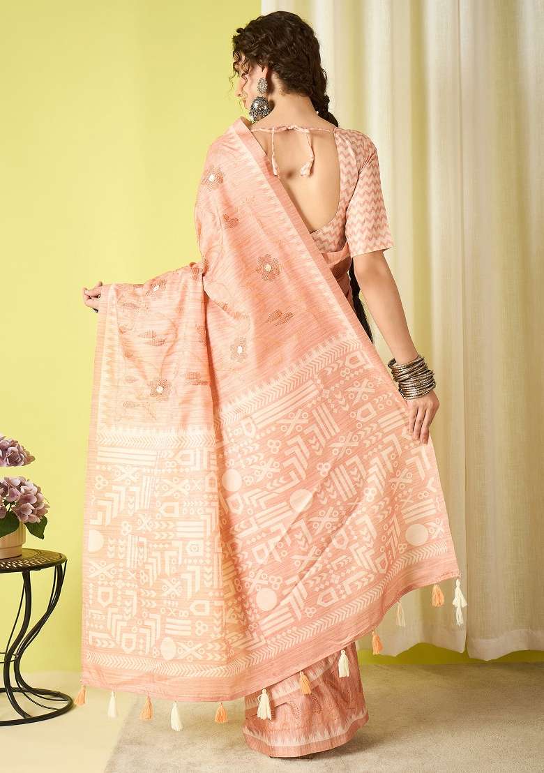 Peach Printed Silk Blend Saree Set - Indya