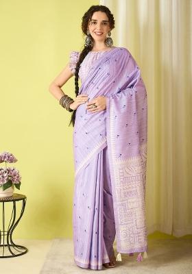 Lavender Printed Silk Blend Saree Set
