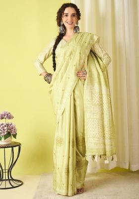 Light Green Printed Silk Blend Saree Set