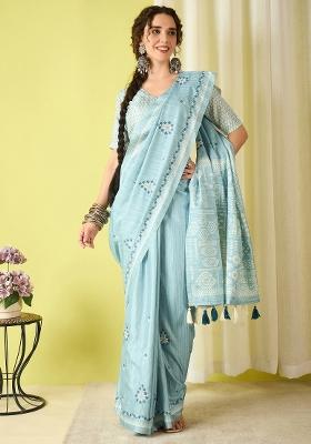 Light Blue Printed Silk Blend Saree Set