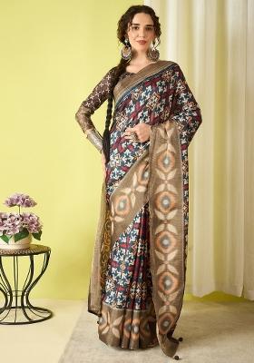 Navy Blue Printed Silk Blend Saree Set