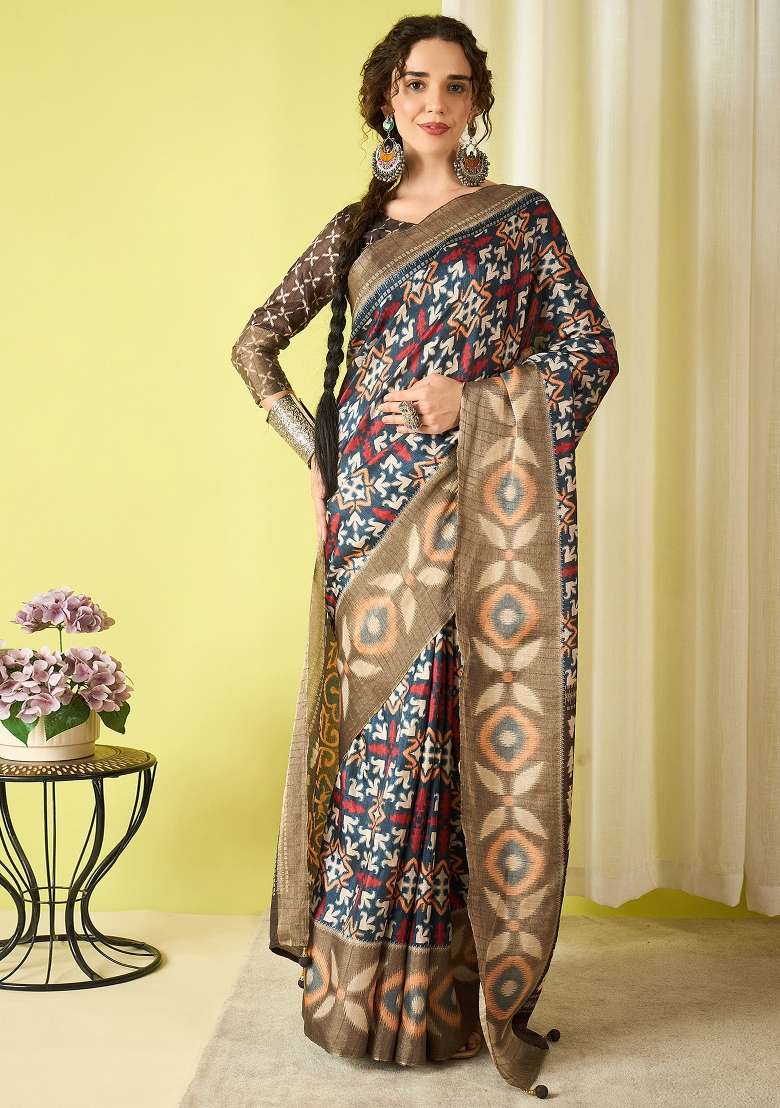 Navy Blue Printed Silk Blend Saree Set - Indya