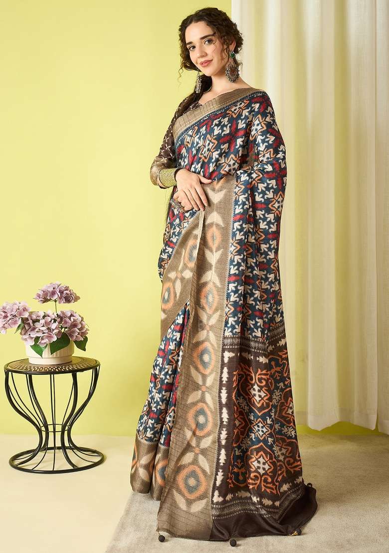 Navy Blue Printed Silk Blend Saree Set - Indya