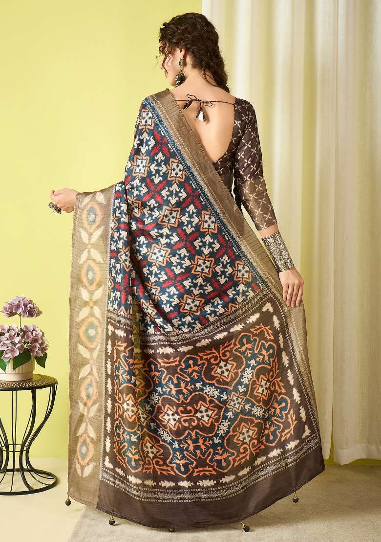 Navy Blue Printed Silk Blend Saree Set - Indya