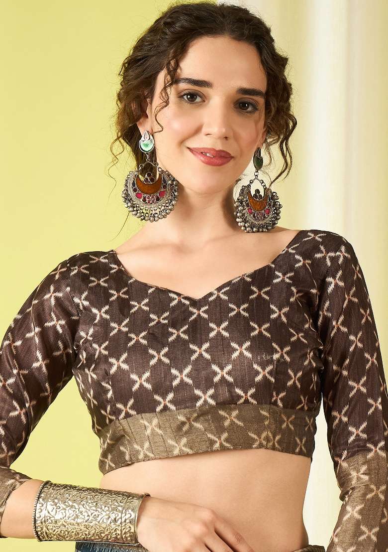 Navy Blue Printed Silk Blend Saree Set - Indya