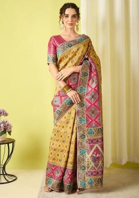 Mustard Printed Viscose Silk Saree Set
