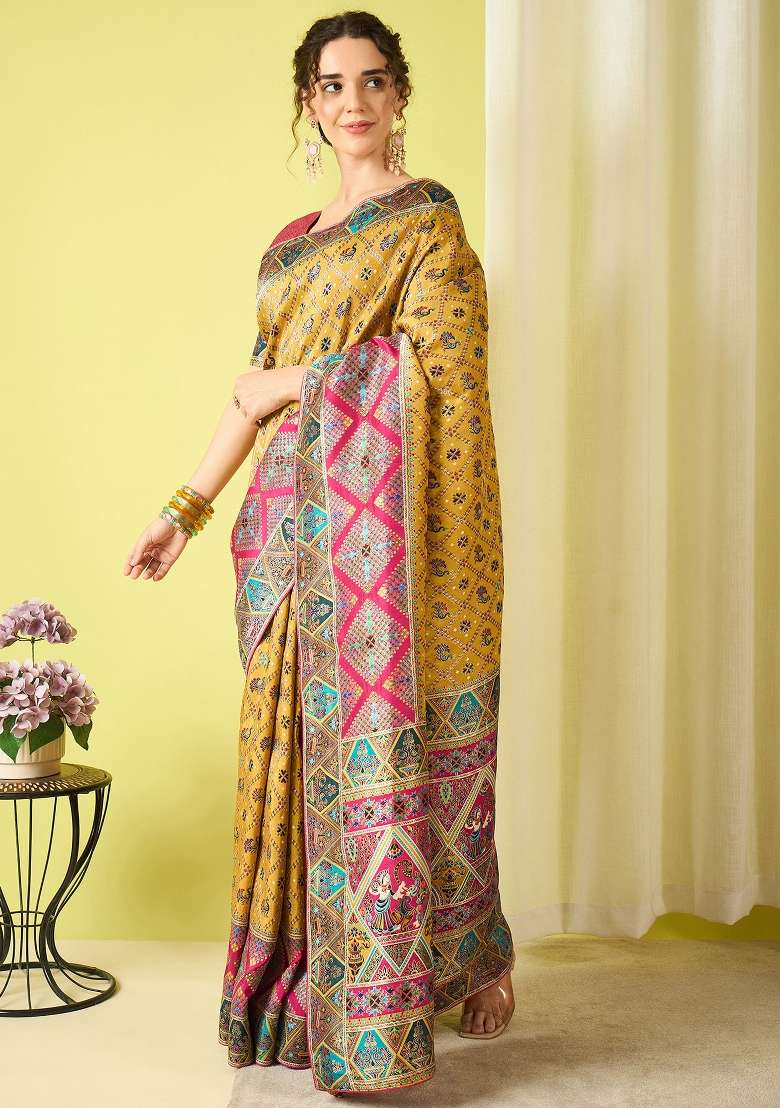 Mustard Printed Viscose Silk Blend Saree Set - Indya