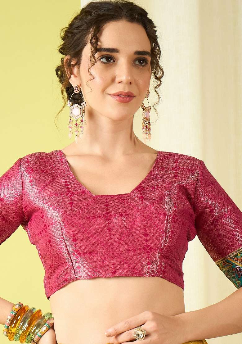 Mustard Printed Viscose Silk Blend Saree Set - Indya