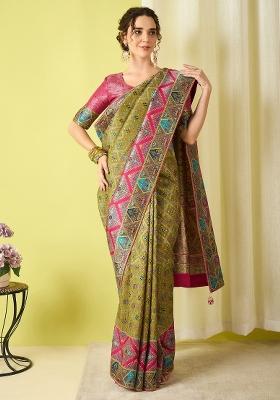 Olive Printed Viscose Silk Saree Set