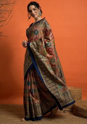 Navy Blue Printed Dola Silk Saree Set