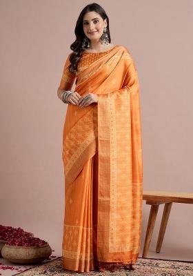 Orange Printed Cotton Blend Saree Set