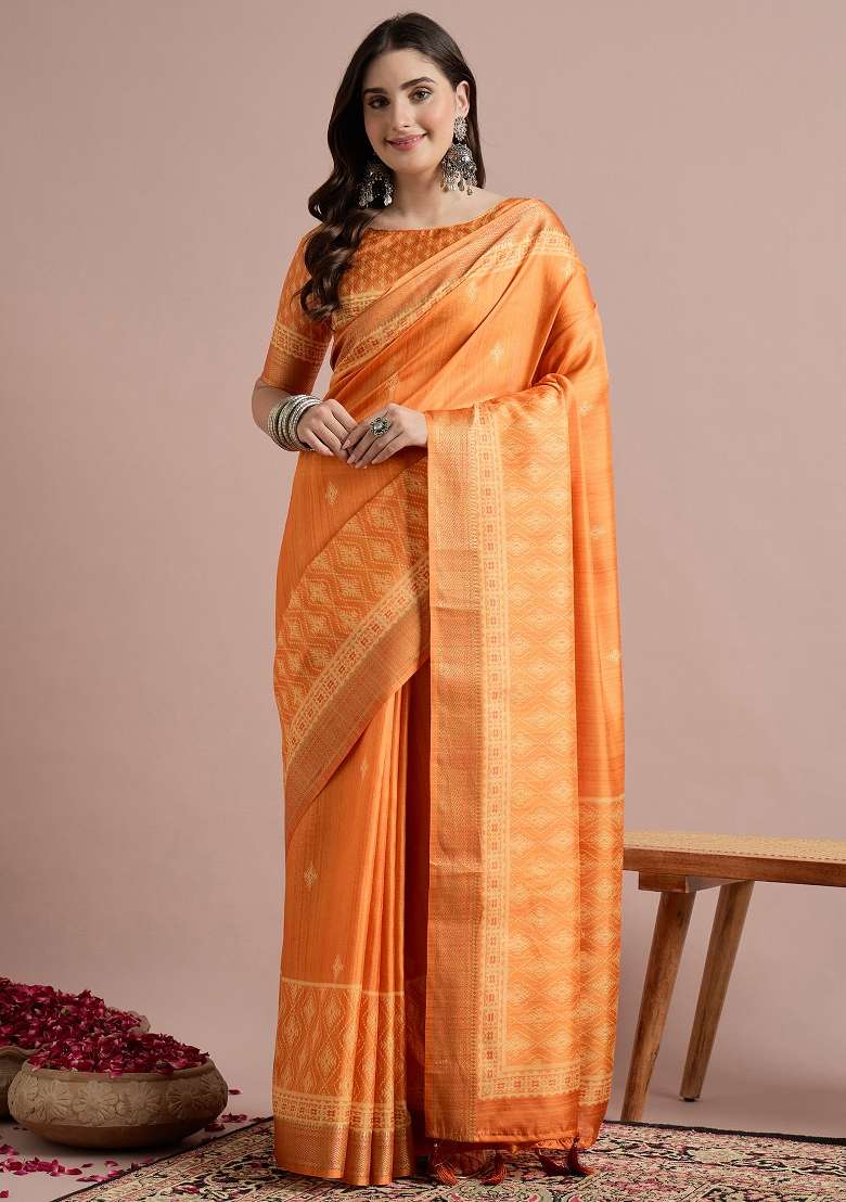 Orange Printed Cotton Blend Saree Set - Indya