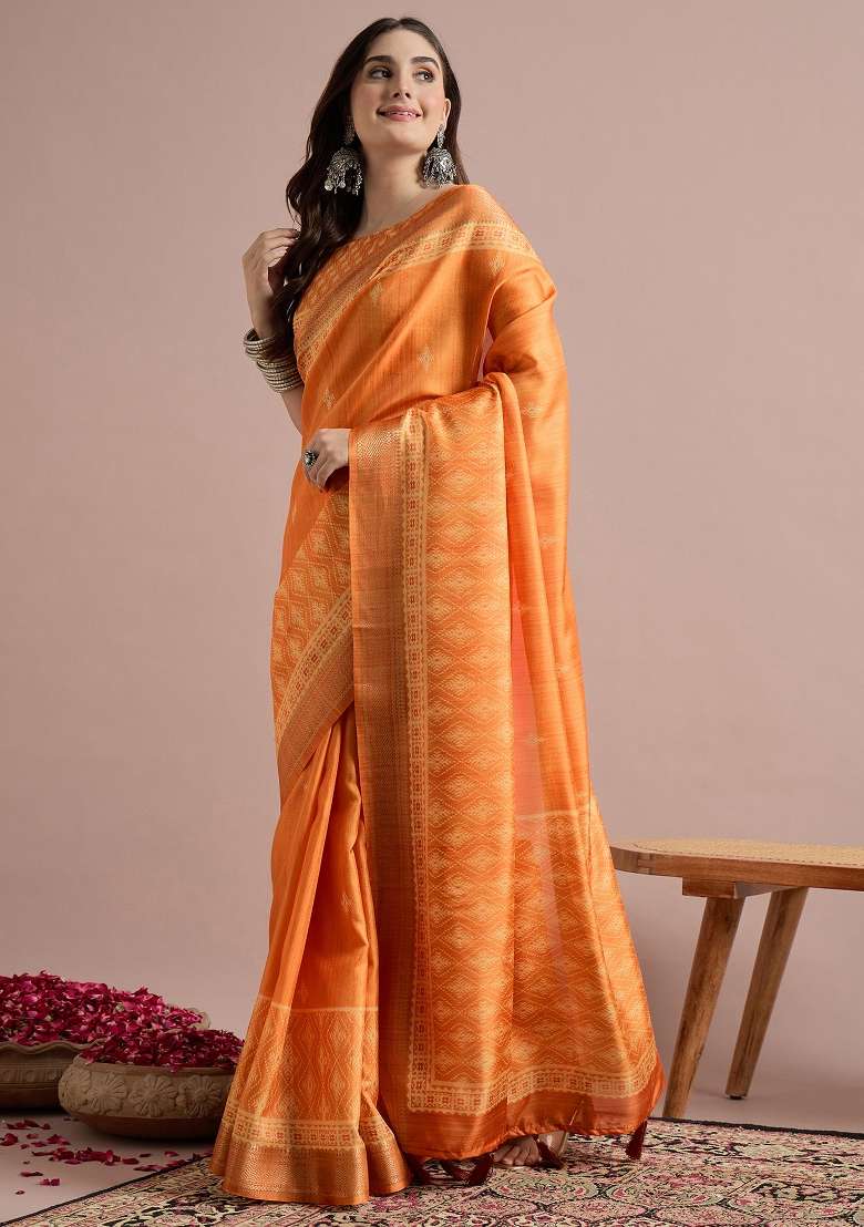 Orange Printed Cotton Blend Saree Set - Indya