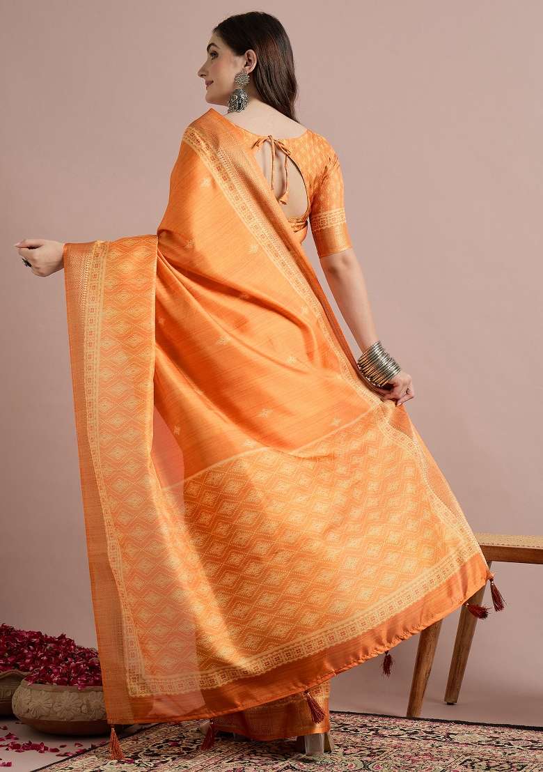 Orange Printed Cotton Blend Saree Set - Indya