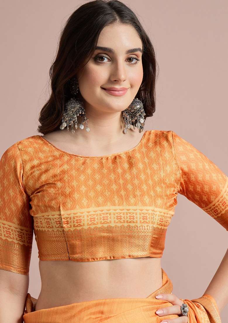 Orange Printed Cotton Blend Saree Set - Indya