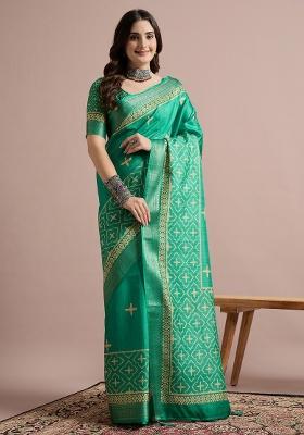 Teal Green Printed Cotton Blend Saree Set
