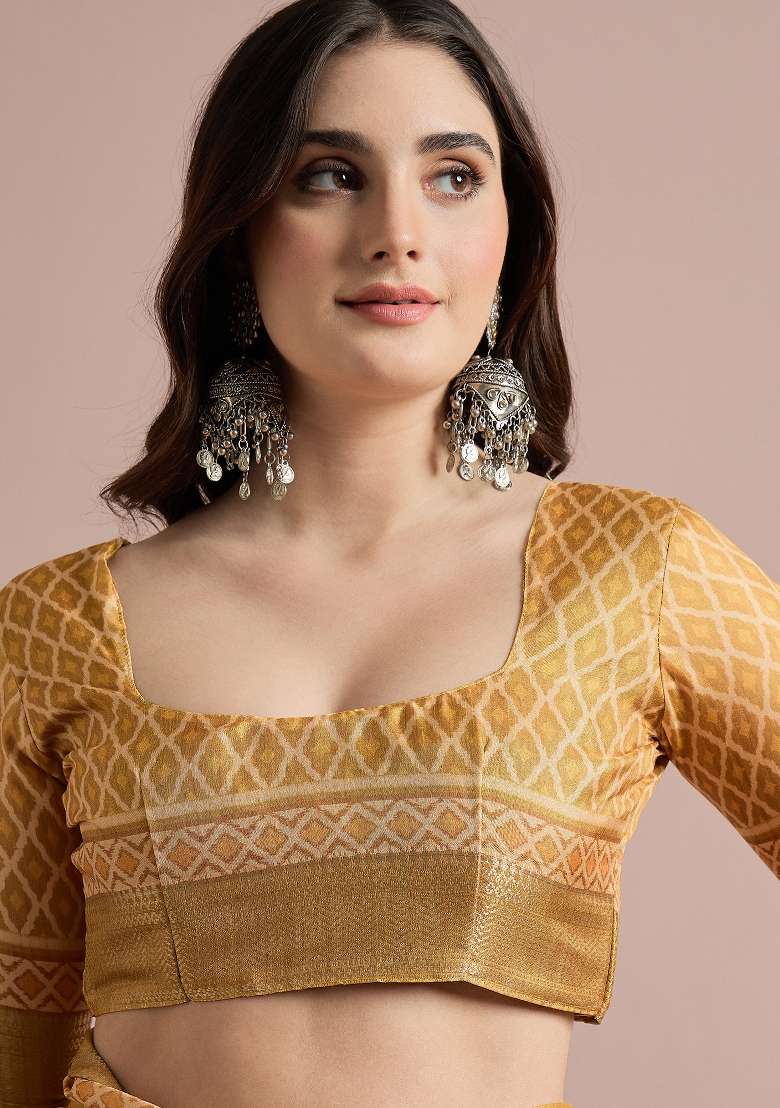 Yellow Printed Cotton Blend Saree Set - Indya