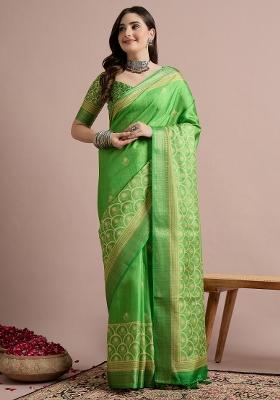 Light Green Printed Cotton Blend Saree Set