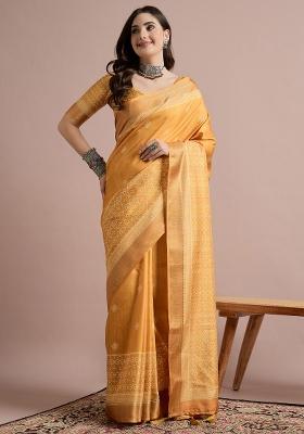 Mustard Printed Cotton Blend Saree Set