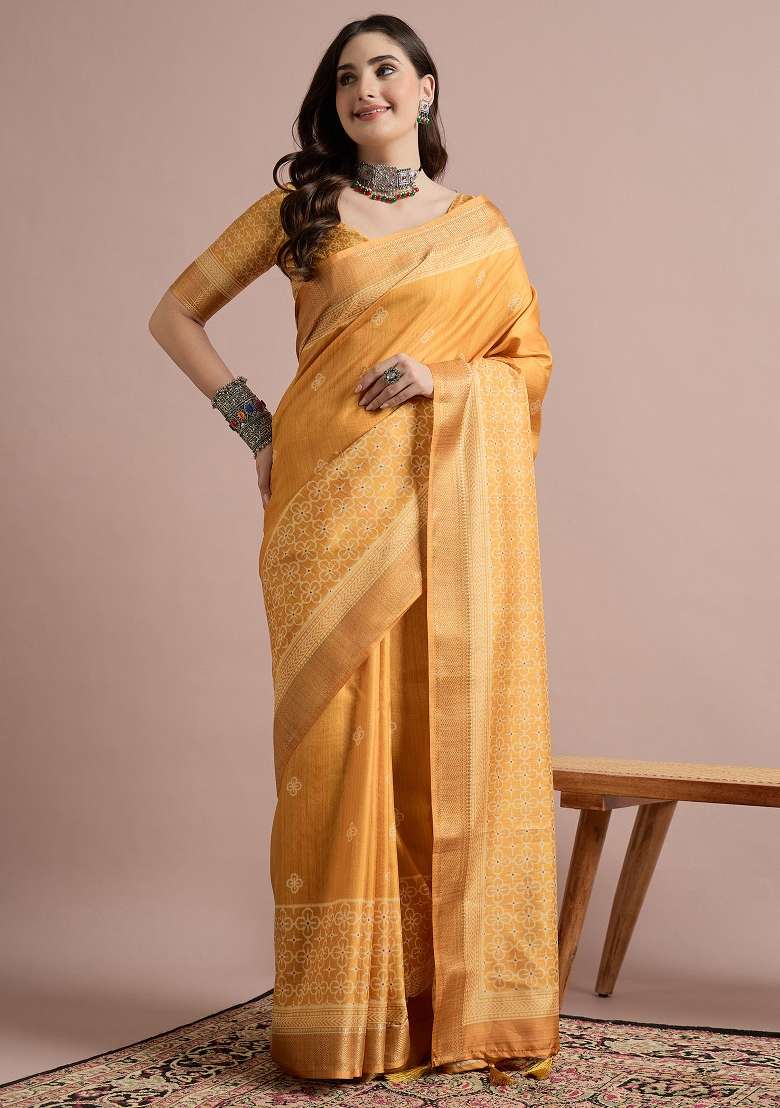 Mustard Printed Cotton Blend Saree Set - Indya