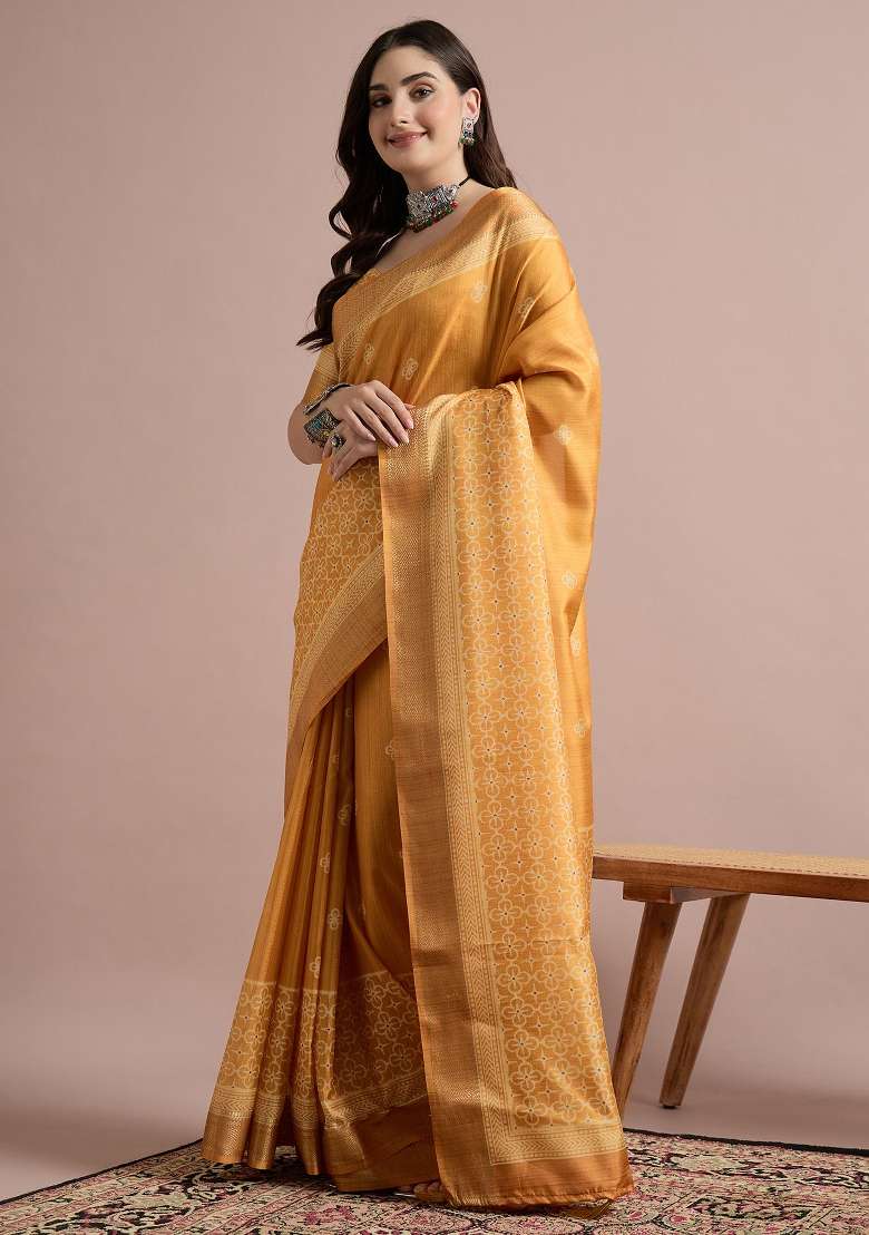 Mustard Printed Cotton Blend Saree Set - Indya