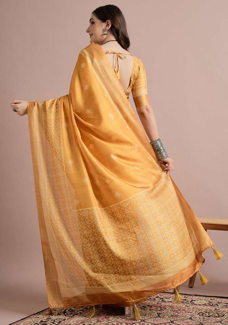 Mustard Printed Cotton Blend Saree Set - Indya