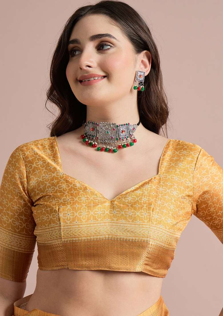 Mustard Printed Cotton Blend Saree Set - Indya