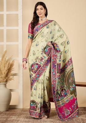 Light Green Printed Viscose Silk Blend Saree Set