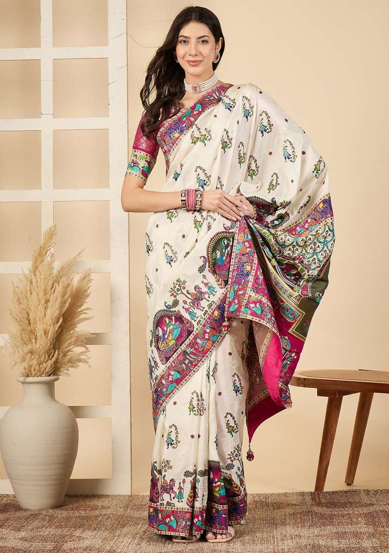 Off White Printed Viscose Silk Blend Saree Set - Indya