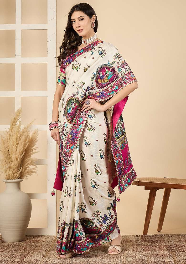 Off White Printed Viscose Silk Blend Saree Set - Indya
