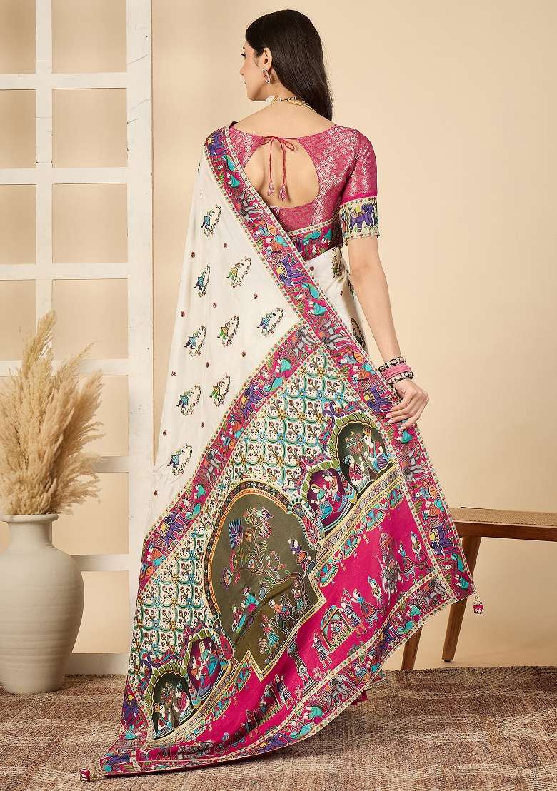 Off White Printed Viscose Silk Blend Saree Set - Indya