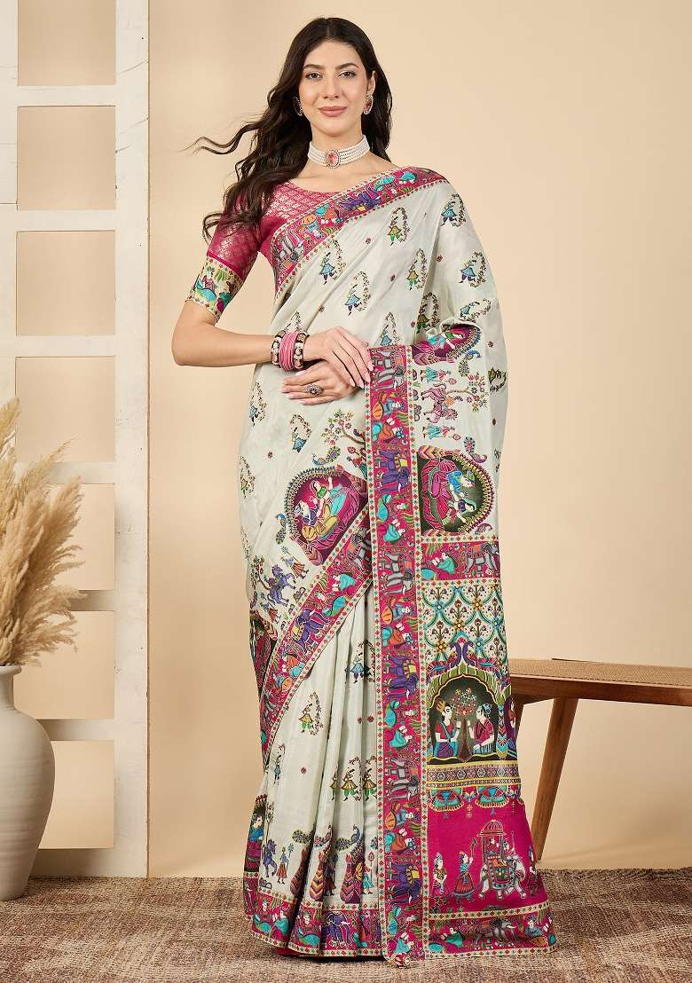 Sea Green Printed Viscose Silk Blend Saree Set - Indya