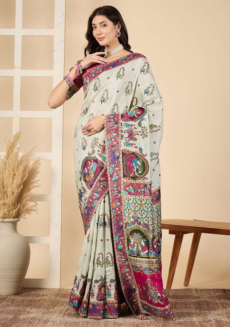 Sea Green Printed Viscose Silk Blend Saree Set - Indya