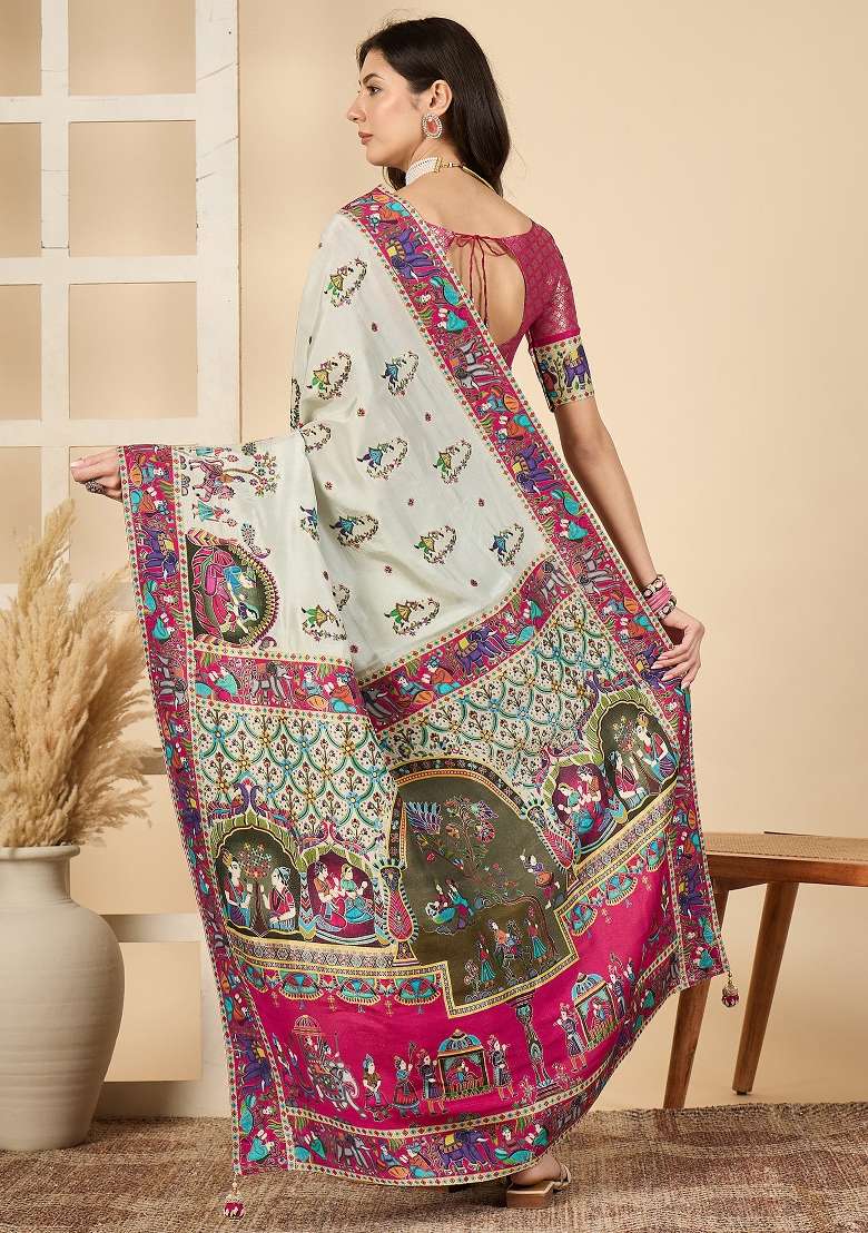 Sea Green Printed Viscose Silk Blend Saree Set - Indya