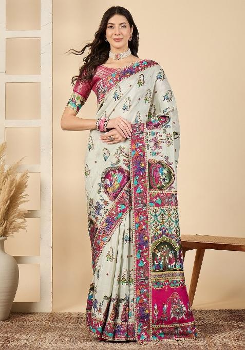 Sea Green Printed Viscose Silk Saree Set — view on Indya