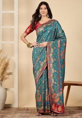 Light Blue Printed Viscose Silk Saree Set