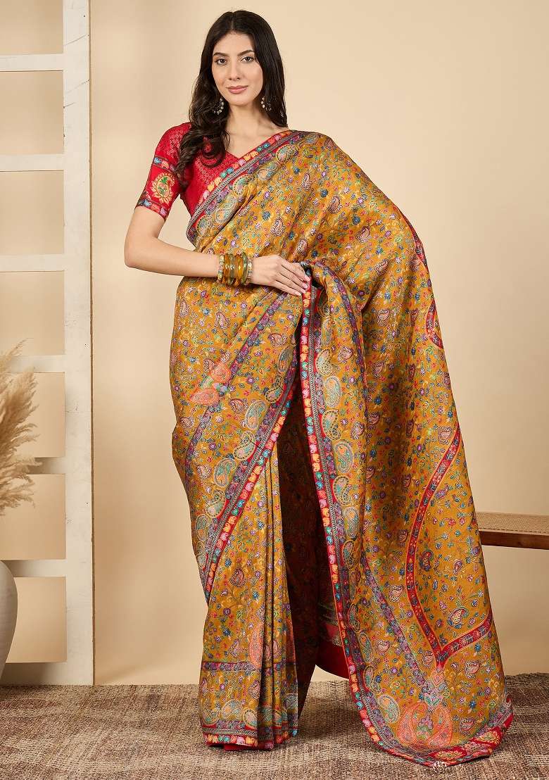 Mustard Printed Viscose Silk Blend Saree Set - Indya