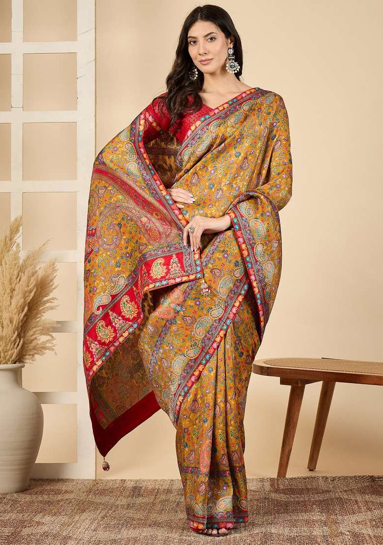 Mustard Printed Viscose Silk Blend Saree Set - Indya