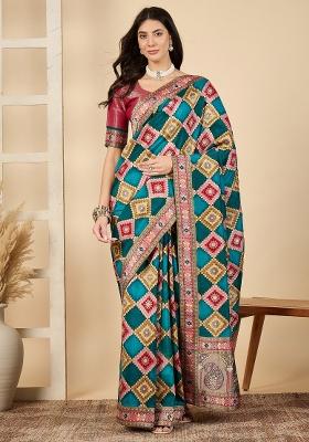 Light Blue Printed Viscose Silk Saree Set