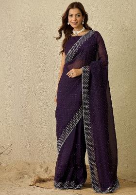 Purple Printed Organza Saree Set