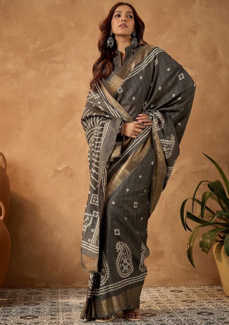 Charcoal Grey Printed Silk Blend Saree Set - Indya