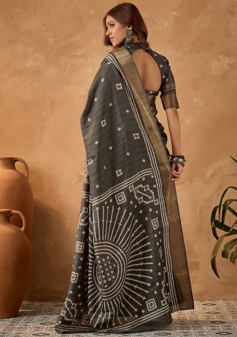Charcoal Grey Printed Silk Blend Saree Set - Indya
