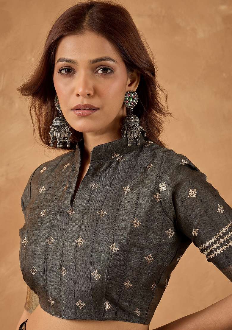Charcoal Grey Printed Silk Blend Saree Set - Indya